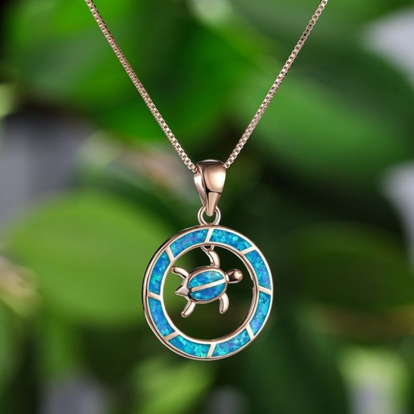 Blue Opal Sea Turtle Circle Rose Gold Necklace - Picture 1 of 7